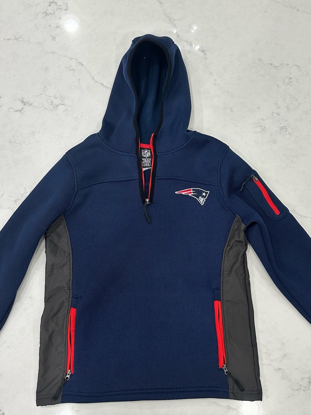 NFL Team Kids' Navy Hooded Pullover Patriot’s Sweatshirt with Gray Panels